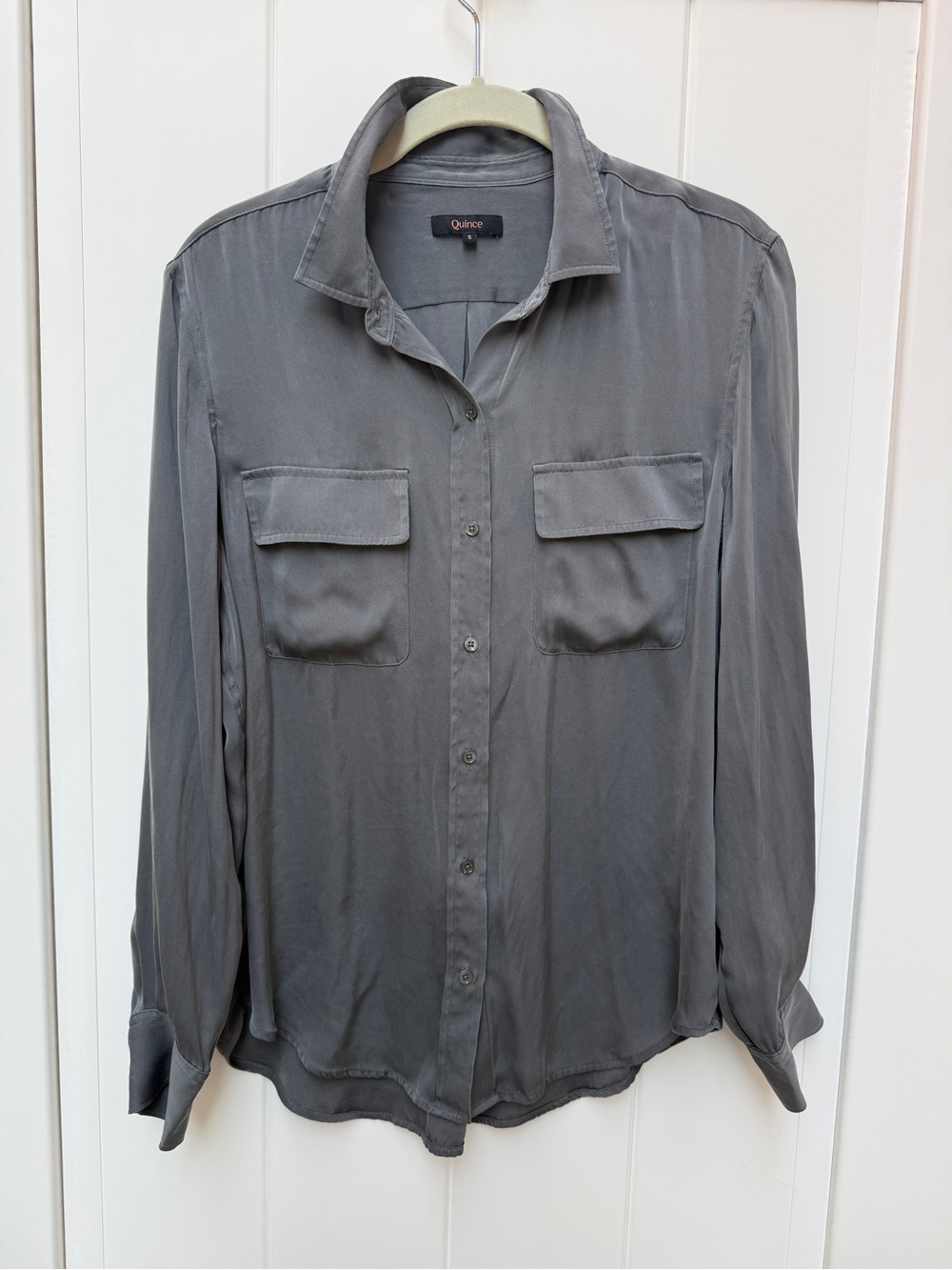 Quince Washable Stretch Silk Utility Blouse Lava Smoke Gray Button Down Pockets